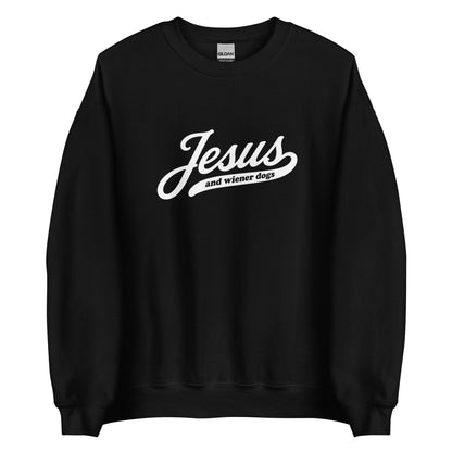 Doxie crewneck sweatshirt with Jesus and wiener dogs design in black, front view