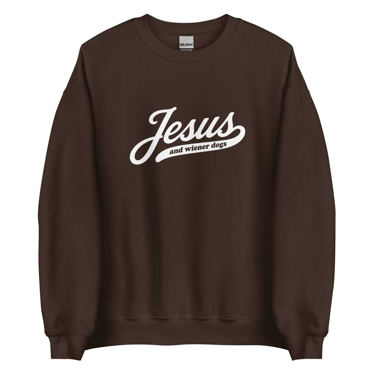 Dachshund sweatshirt with Jesus and wiener dogs design in dark chocolate, front view