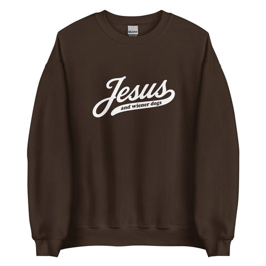Dachshund sweatshirt with Jesus and wiener dogs design in dark chocolate, front view