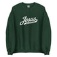 Dachshund sweatshirt with Jesus and wiener dogs design in forest green, front view