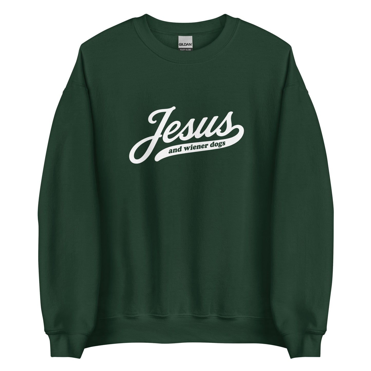 Dachshund sweatshirt with Jesus and wiener dogs design in forest green, front view
