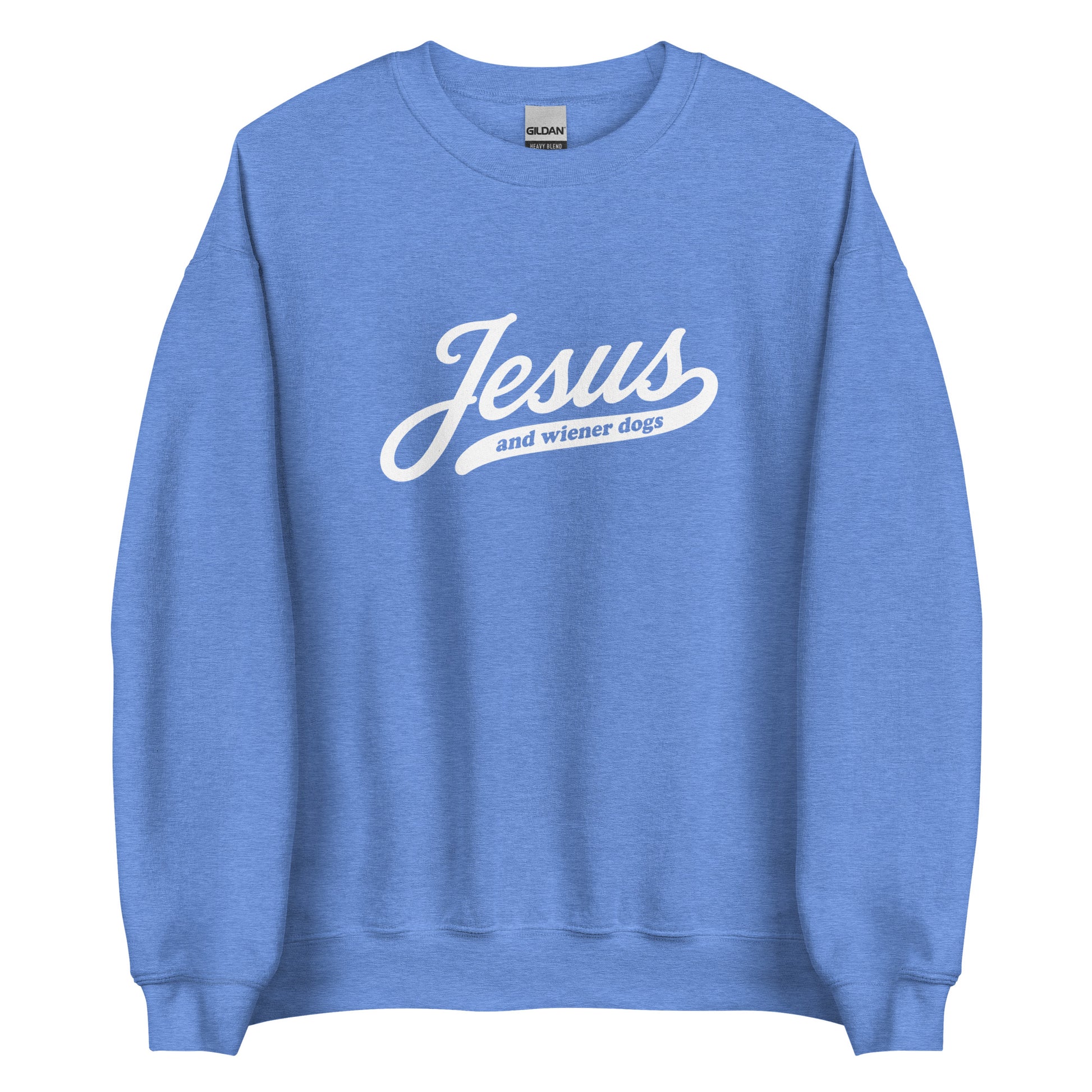 Doxie sweatshirt with Jesus and wiener dogs design in heather deep royal, front view
