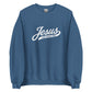 Doxie sweatshirt with Jesus and wiener dogs design in indigo blue, front view