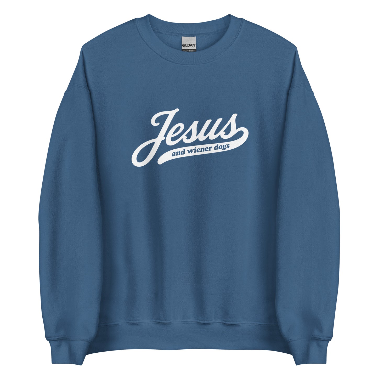 Doxie sweatshirt with Jesus and wiener dogs design in indigo blue, front view