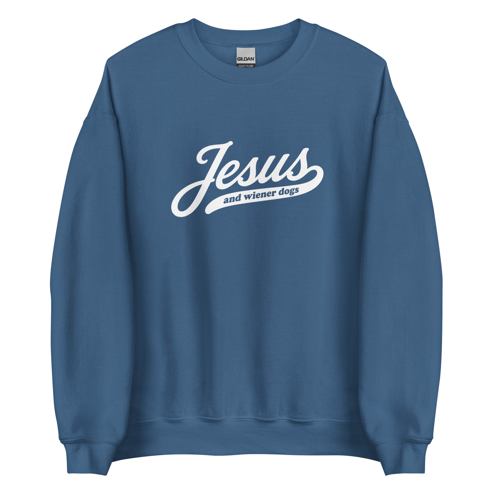 Doxie sweatshirt with Jesus and wiener dogs design in indigo blue, front view