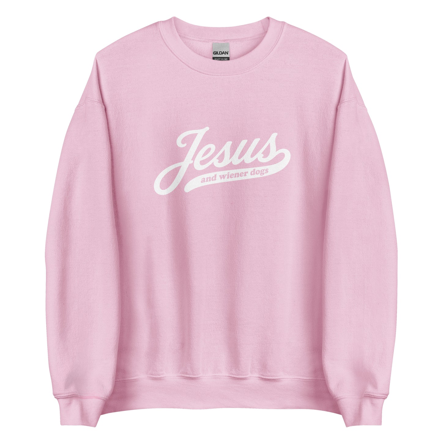 Dachshund sweatshirt with Jesus and wiener dogs design in light pink, front view