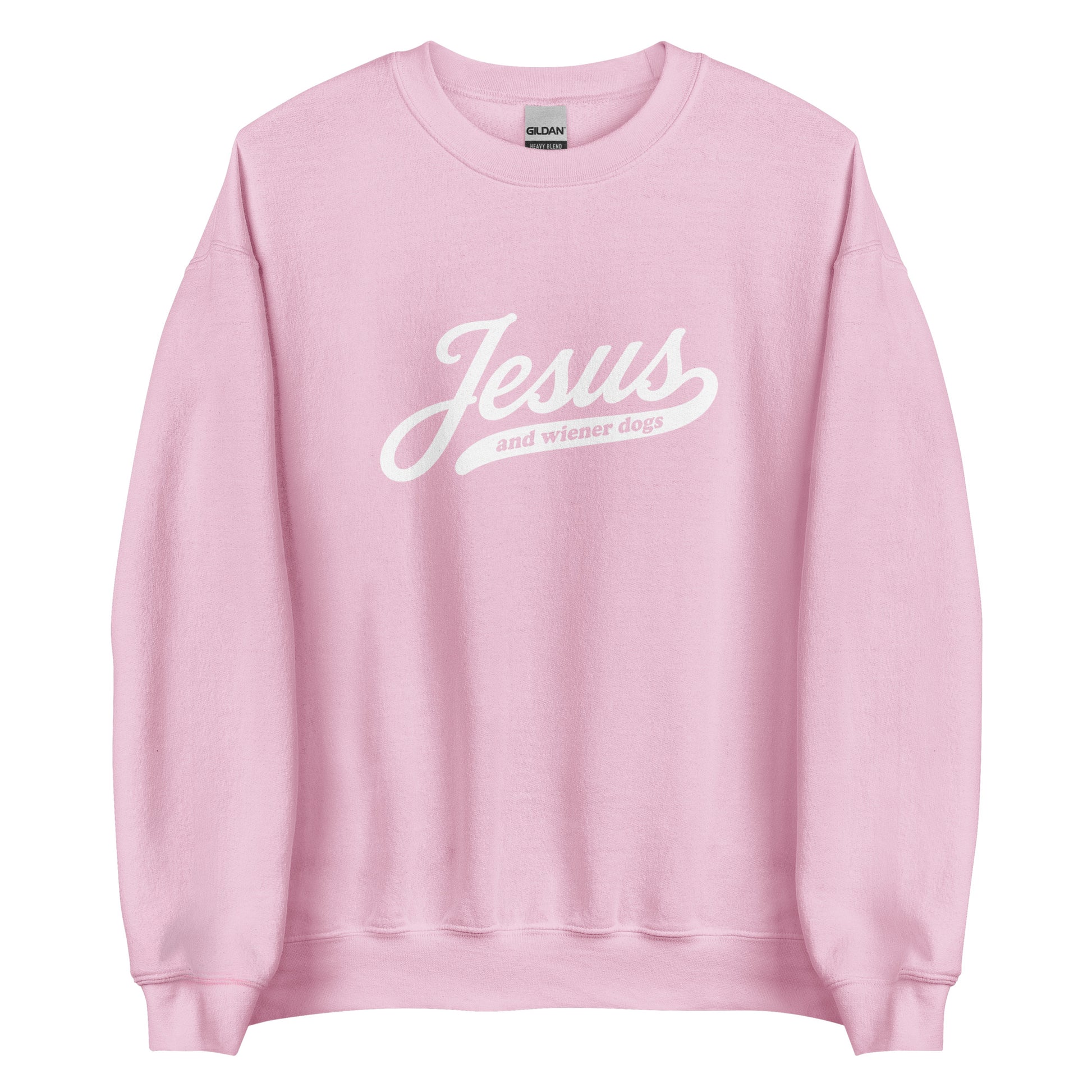 Dachshund sweatshirt with Jesus and wiener dogs design in light pink, front view
