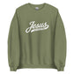 Dachshund sweatshirt with Jesus and wiener dogs design in military green, front view