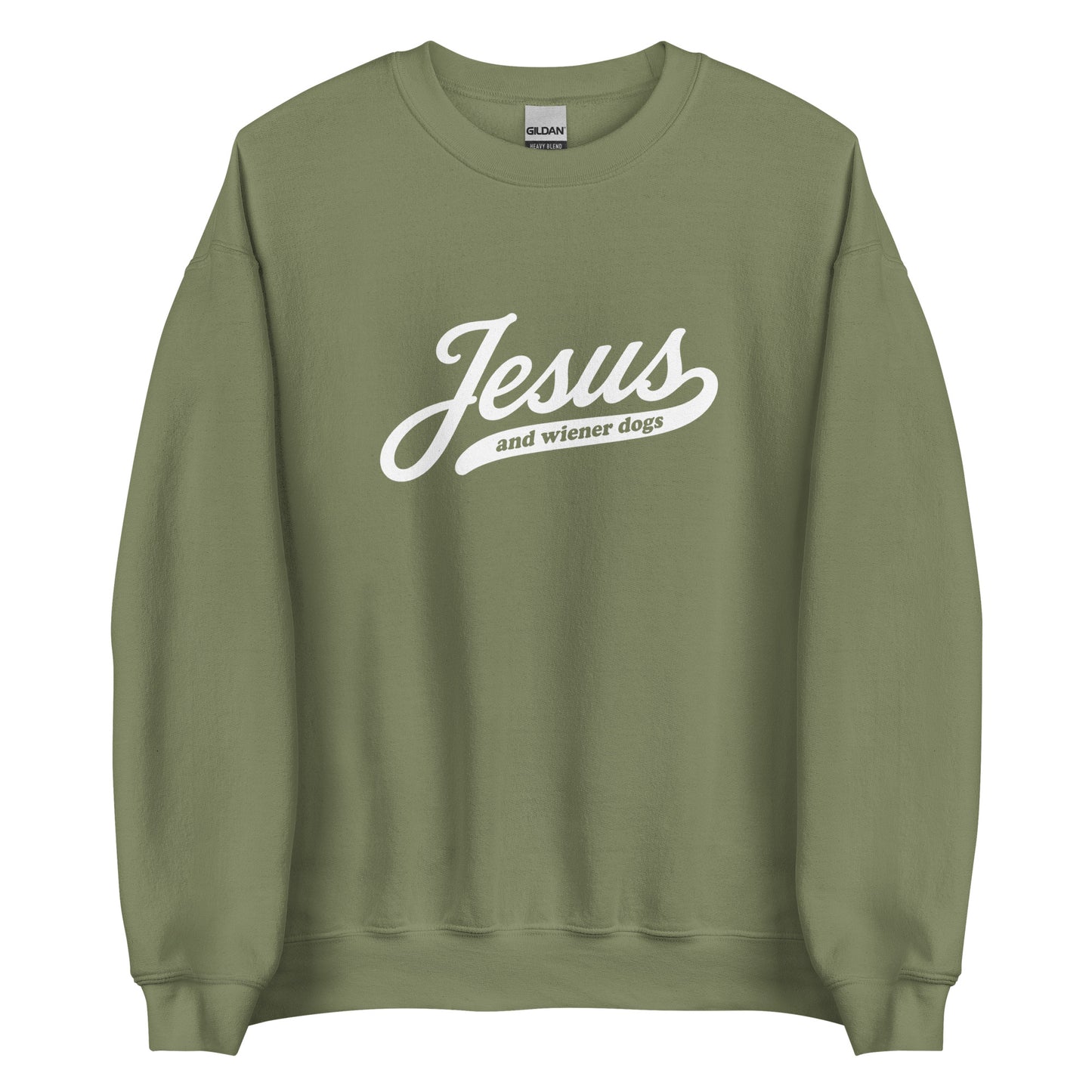 Dachshund sweatshirt with Jesus and wiener dogs design in military green, front view