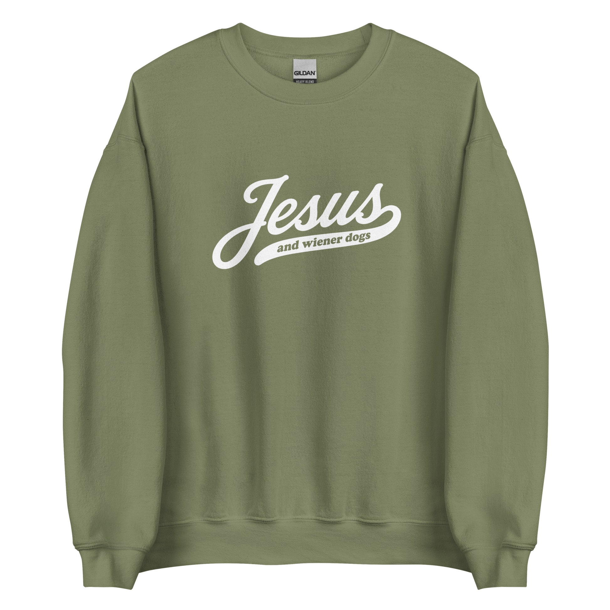 Dachshund sweatshirt with Jesus and wiener dogs design in military green, front view