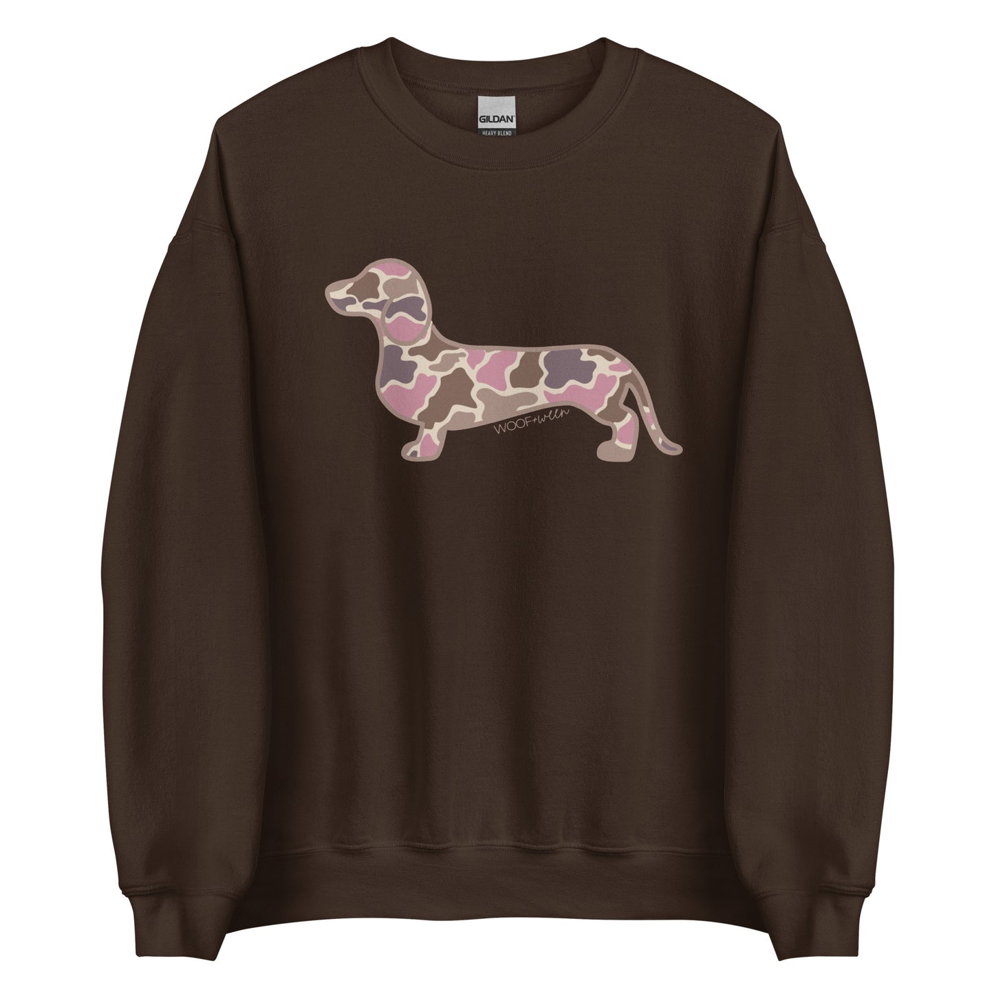 Dachshund sweatshirt in Pink Duck Camo print, dark chocolate colorway