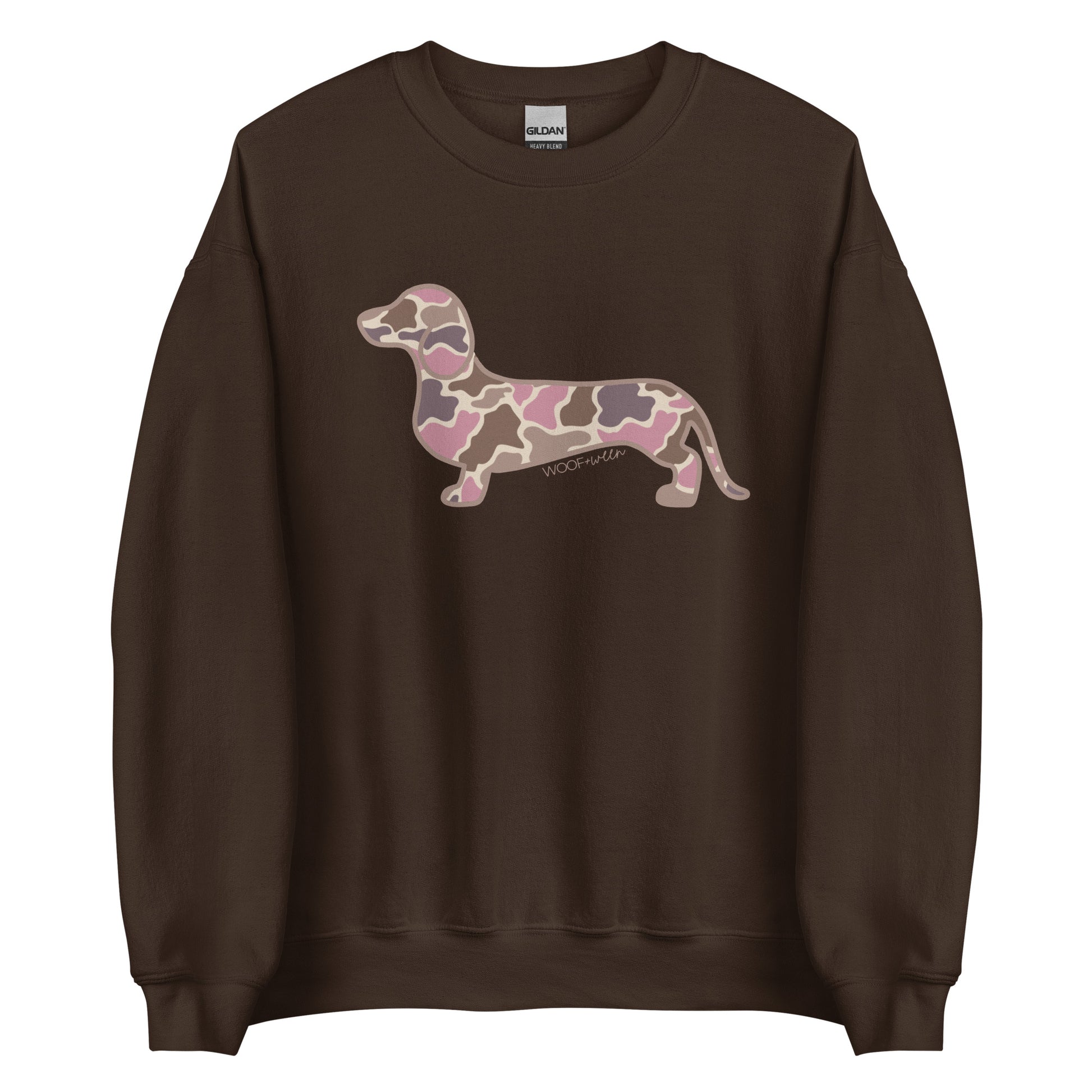 Dachshund sweatshirt in Pink Duck Camo print, dark chocolate colorway
