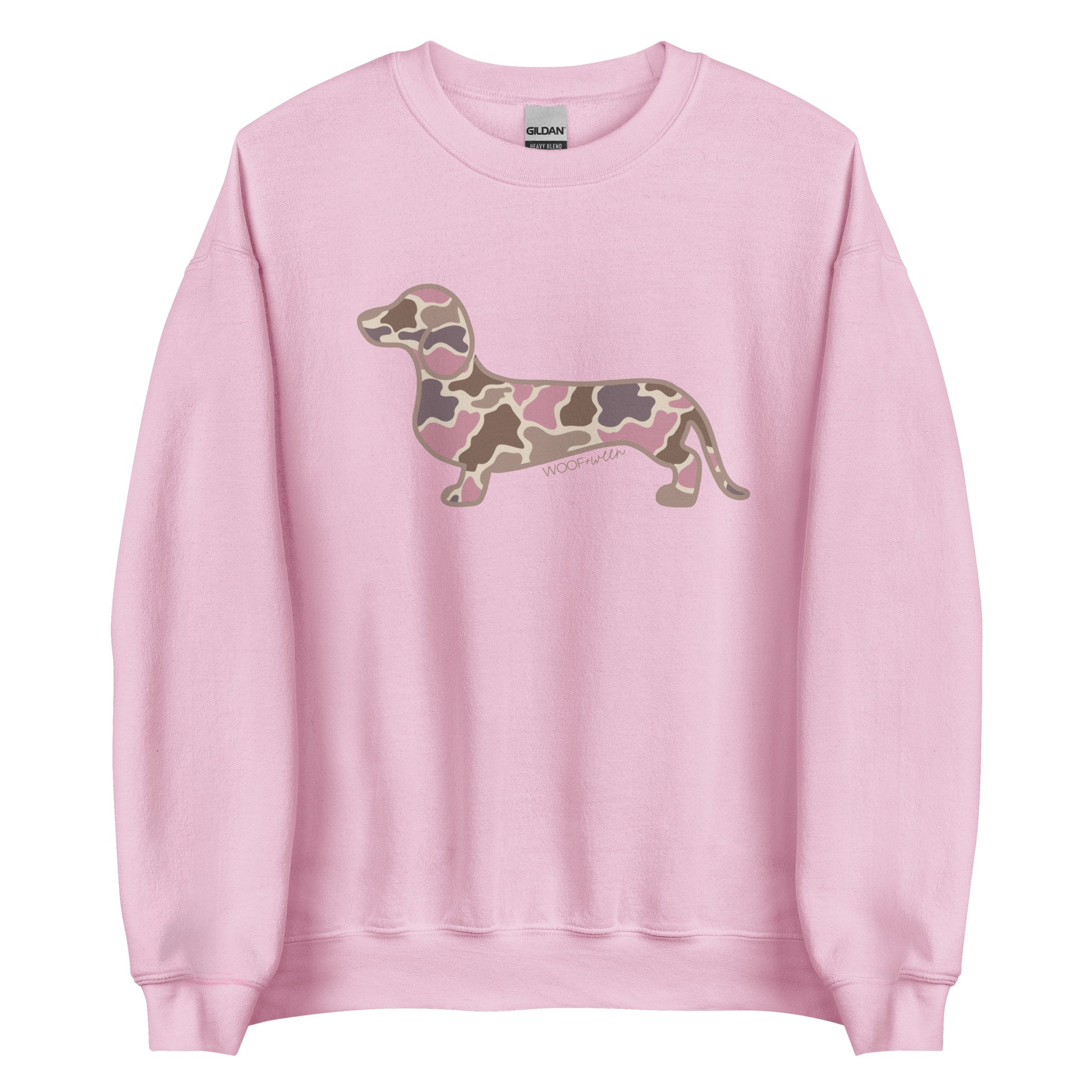 Dachshund sweatshirt in Pink Duck Camo print, light pink colorway