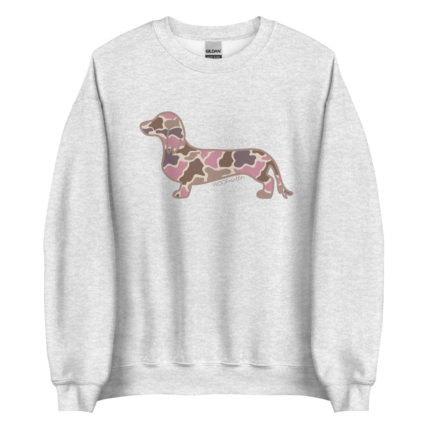 Long hair dachshund sweatshirt in Pink Duck Camo print, ash colorway