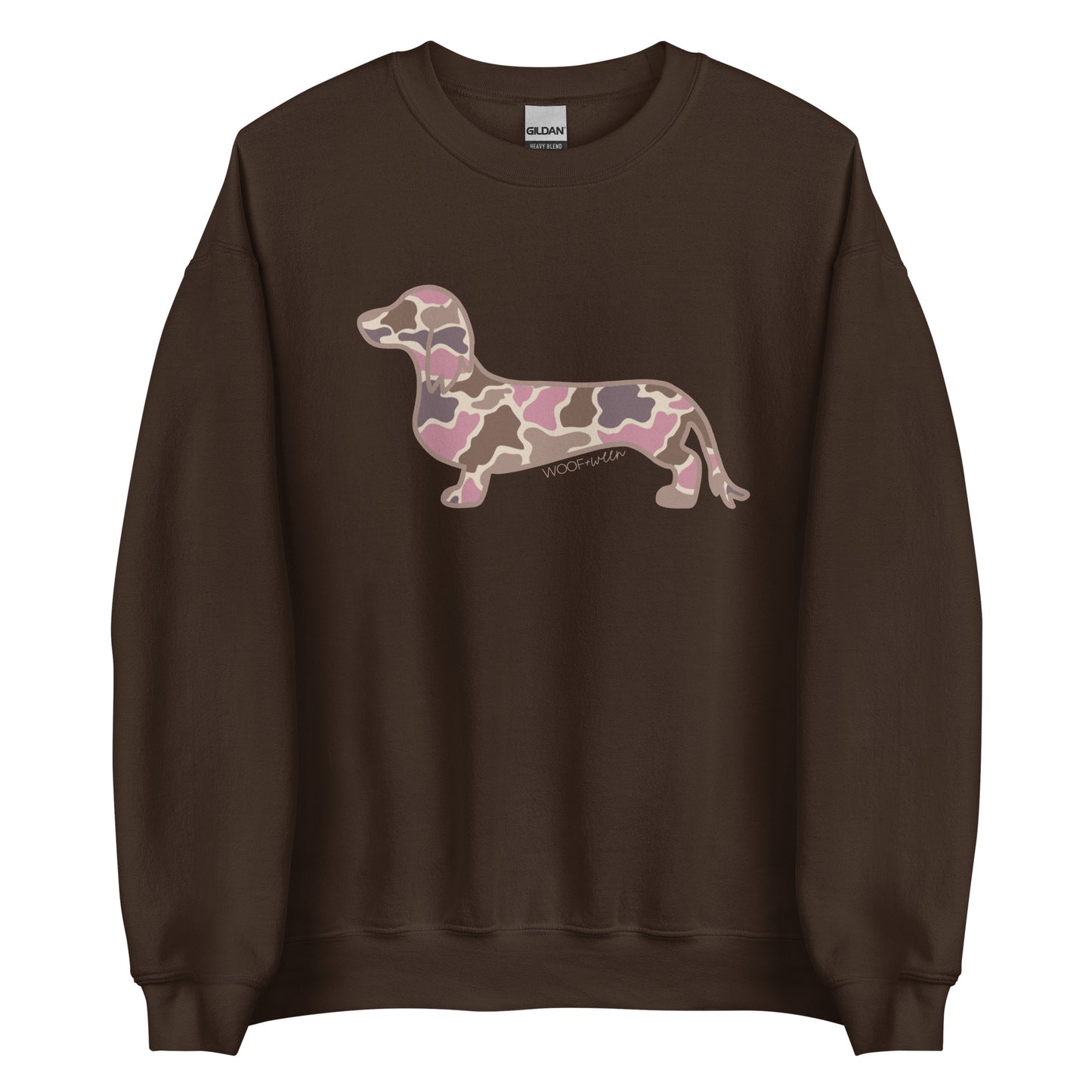 Long hair dachshund sweatshirt in Pink Duck Camo print, dark chocolate colorway