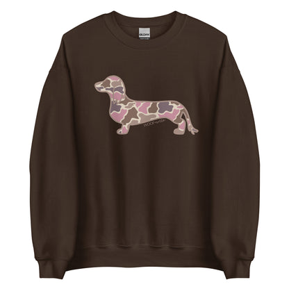 Long hair dachshund sweatshirt in Pink Duck Camo print, dark chocolate colorway