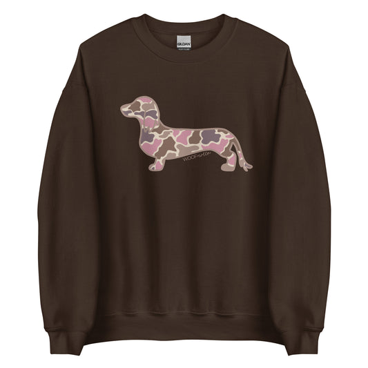 Long hair dachshund sweatshirt in Pink Duck Camo print, dark chocolate colorway