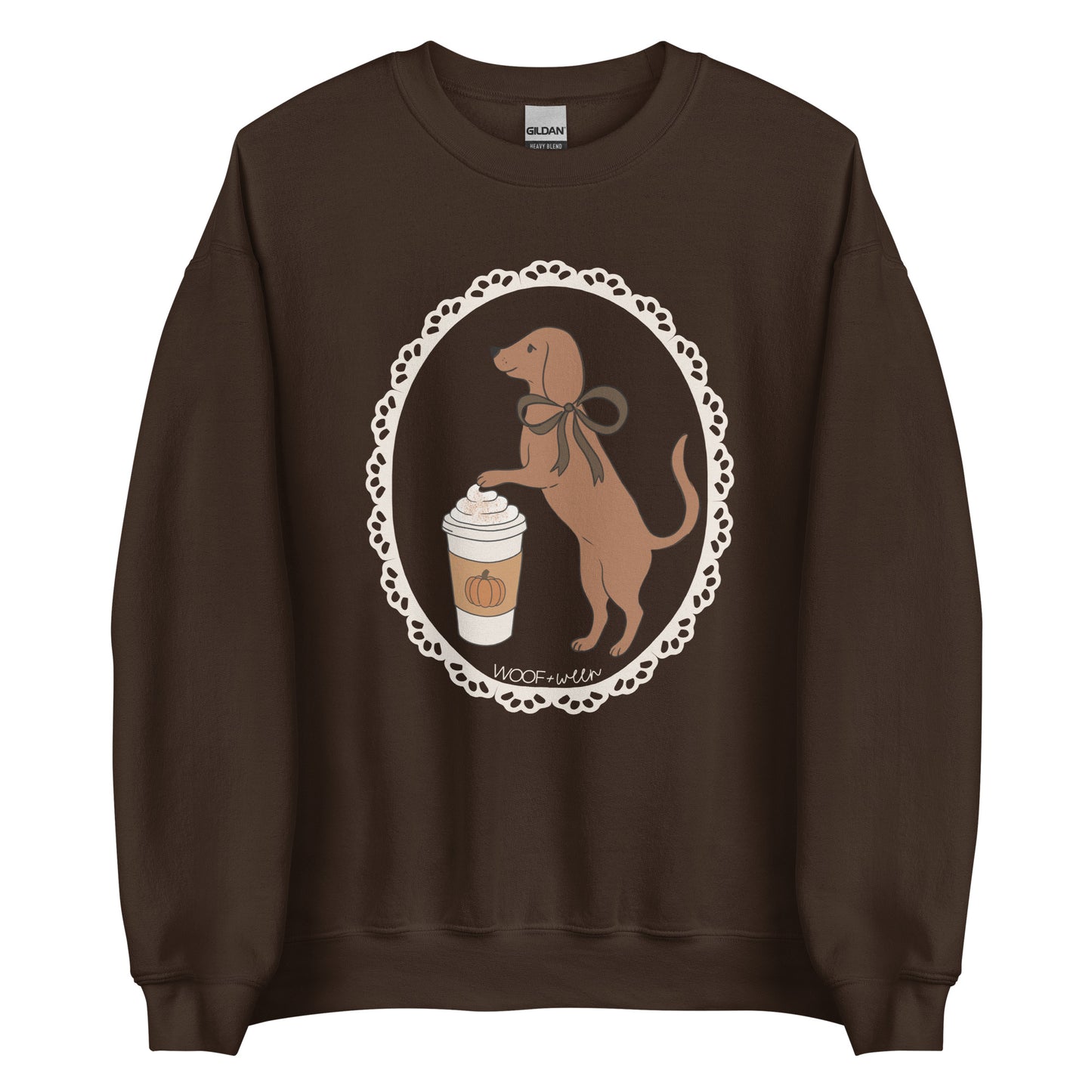 Dachshund sweatshirt in dark chocolate, Pumpkin Spice Doxie Latte print