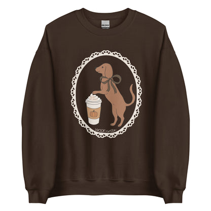 Dachshund sweatshirt in dark chocolate, Pumpkin Spice Doxie Latte print