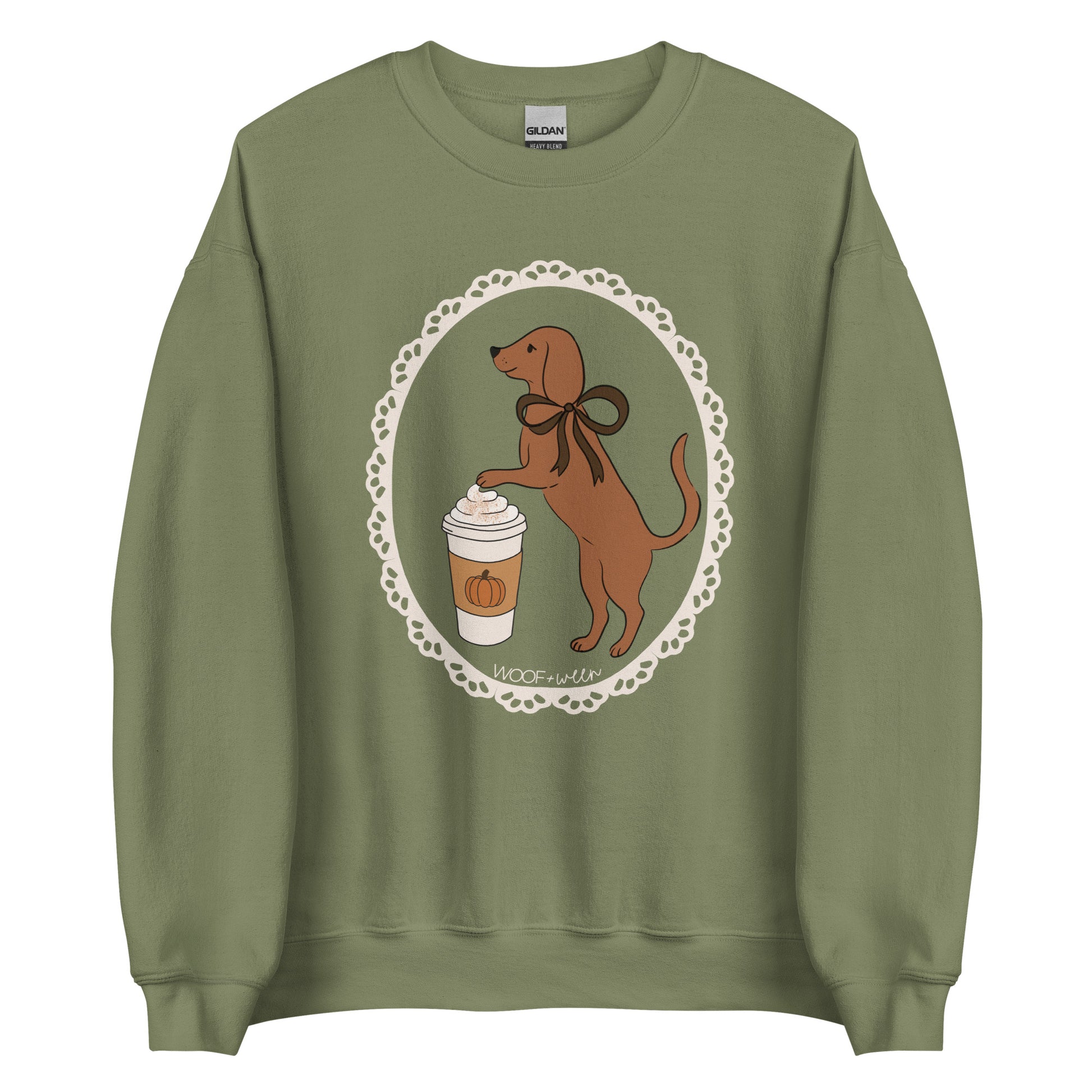 Dachshund sweatshirt in military green, Pumpkin Spice Doxie Latte print