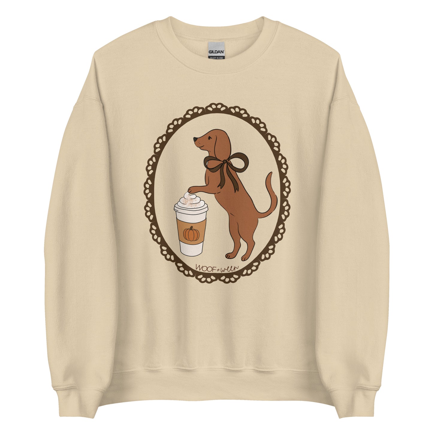 Dachshund sweatshirt in sand, Pumpkin Spice Doxie Latte print