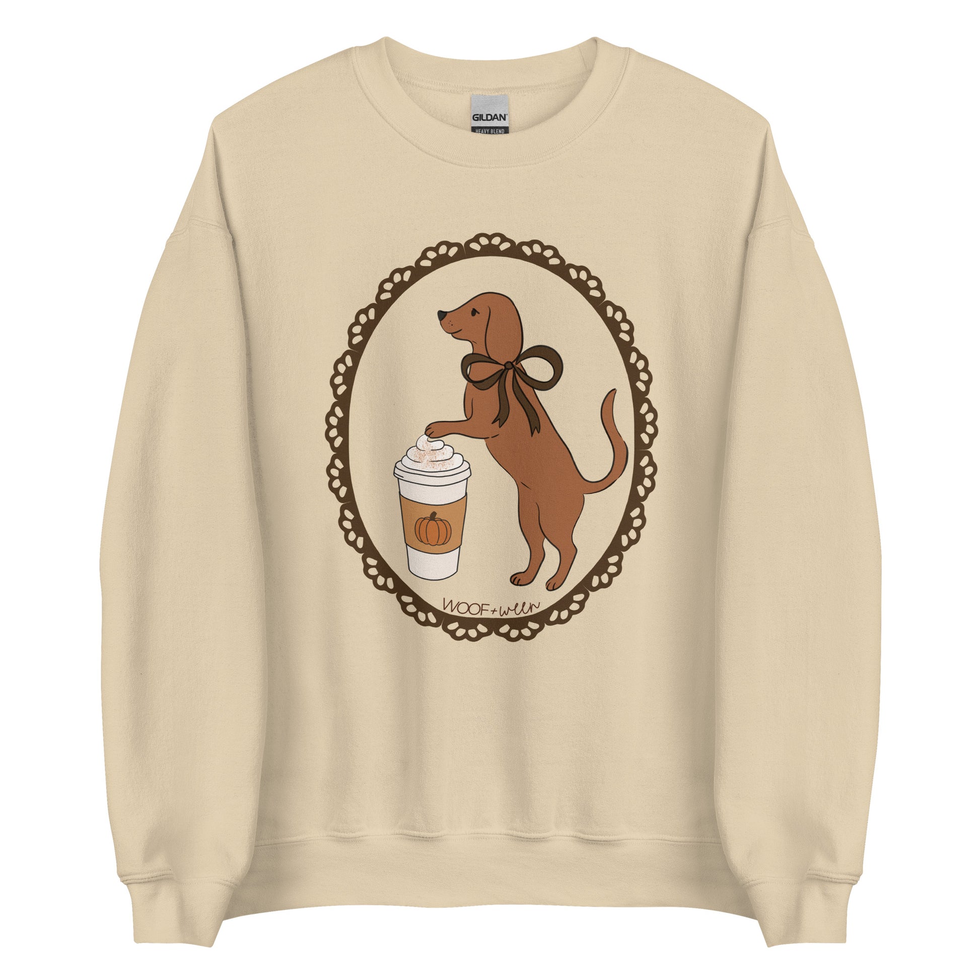 Dachshund sweatshirt in sand, Pumpkin Spice Doxie Latte print