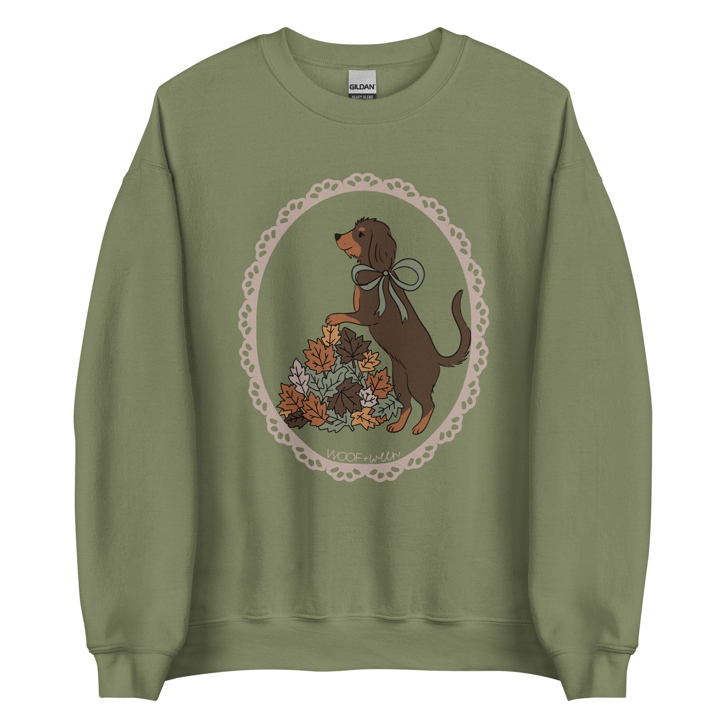 Dachshund sweatshirt in military green, Wire Hair Doxie in Fall Leaves print