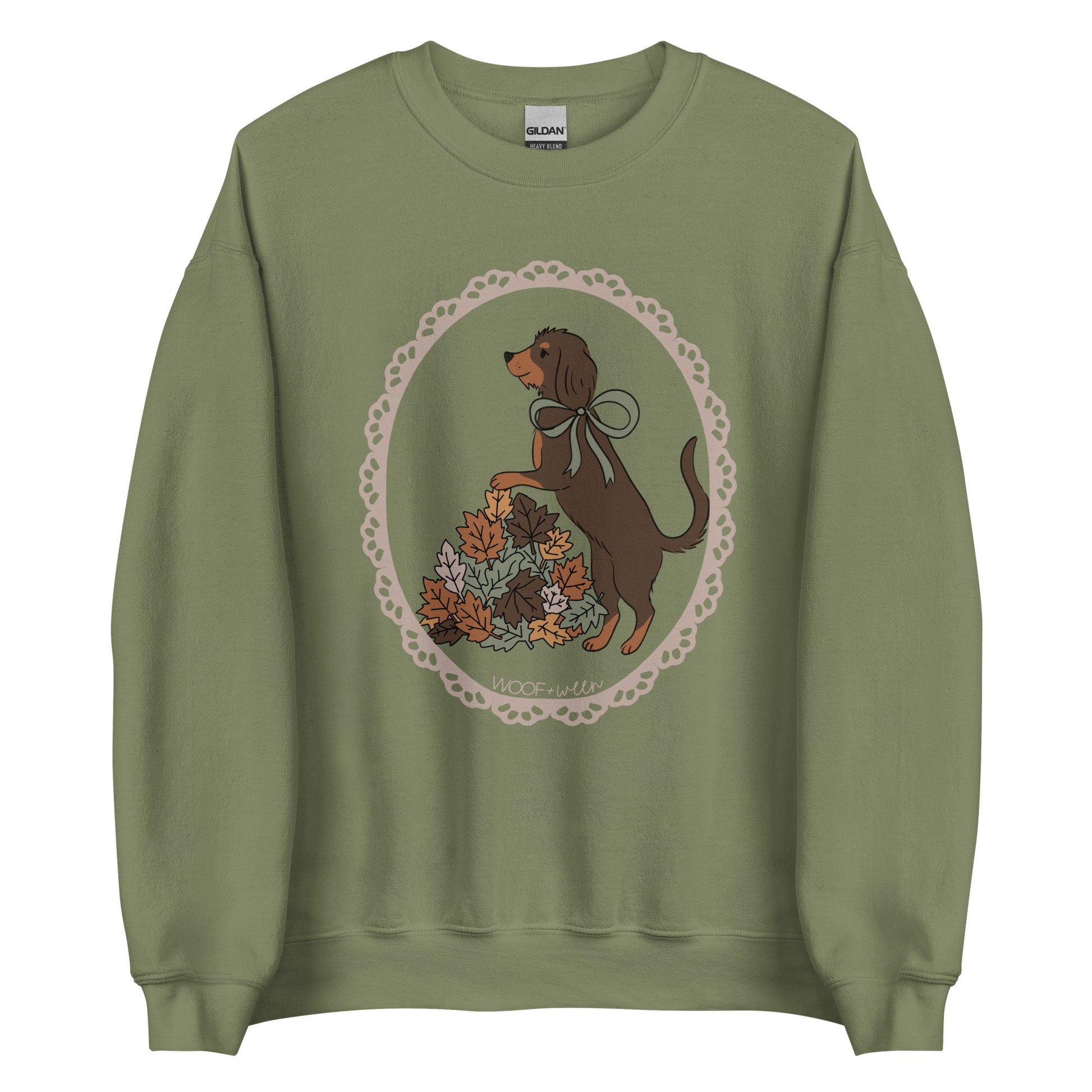 Dachshund sweatshirt in military green, Wire Hair Doxie in Fall Leaves print