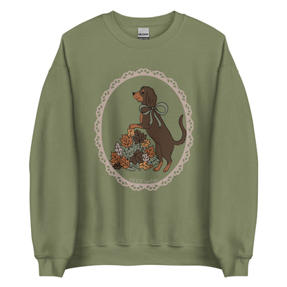 Dachshund sweatshirt in military green, Wire Hair Doxie in Fall Leaves print