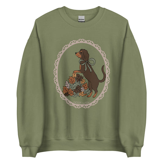 Dachshund sweatshirt in military green, Wire Hair Doxie in Fall Leaves print