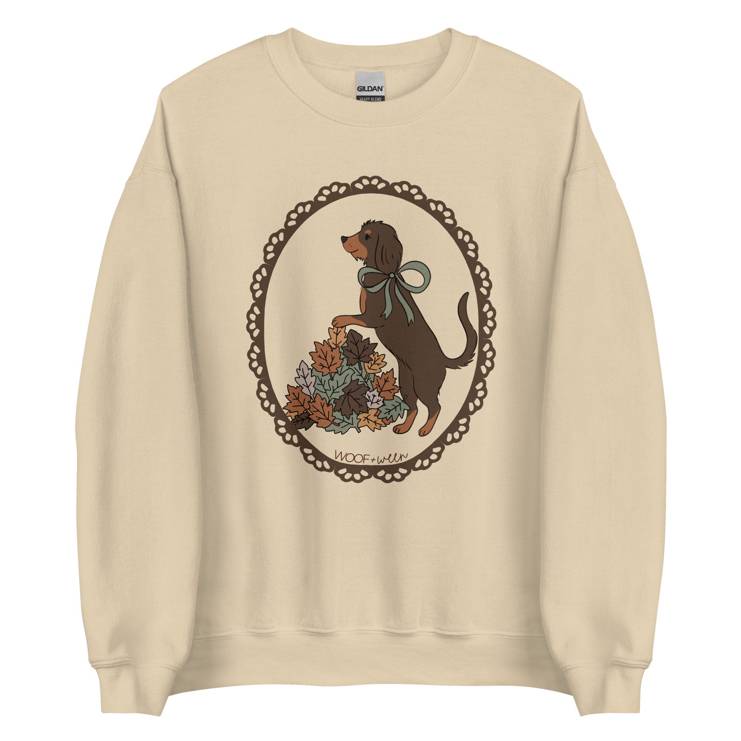 Dachshund sweatshirt in sand, Wire Hair Doxie in Fall Leaves print
