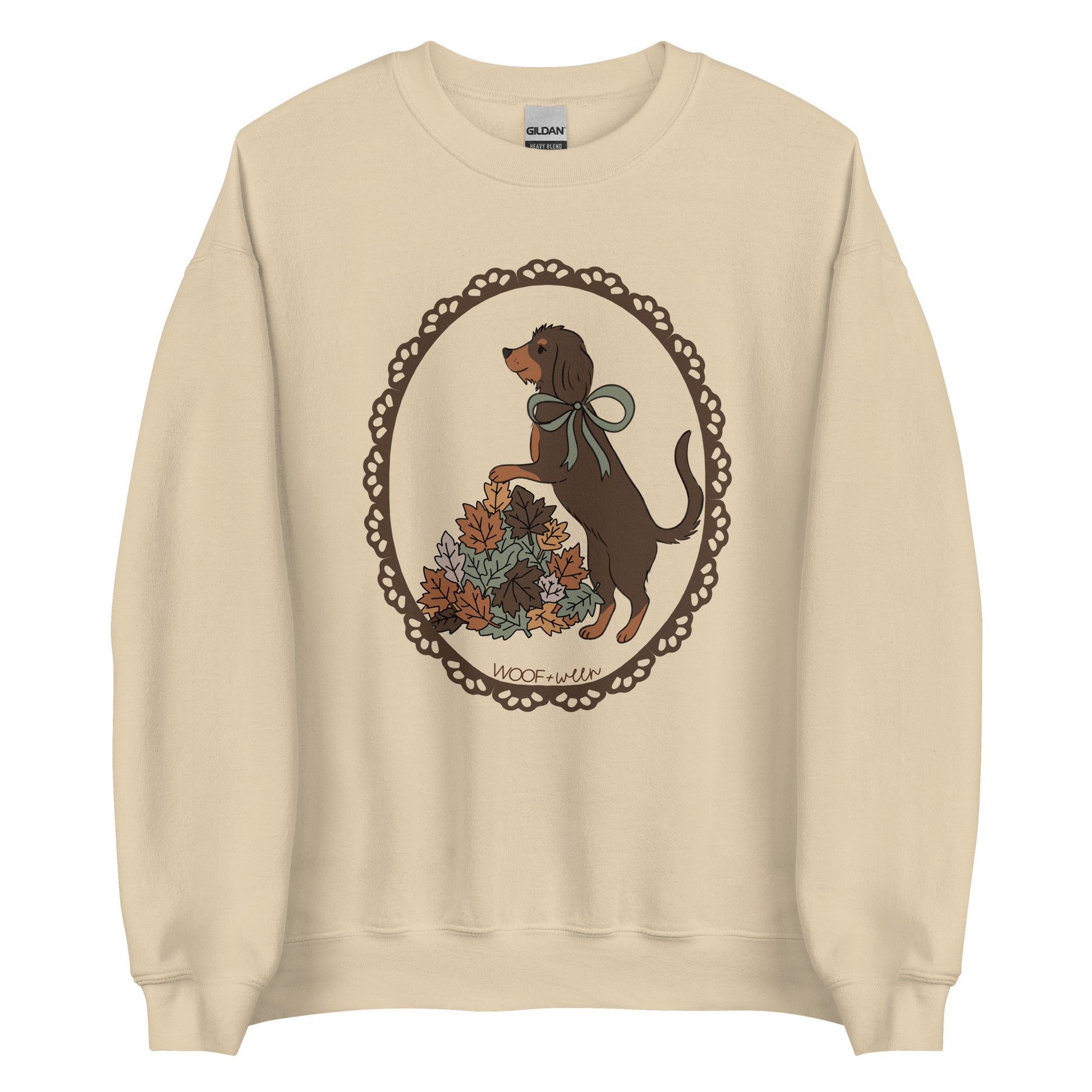 Dachshund sweatshirt in sand, Wire Hair Doxie in Fall Leaves print