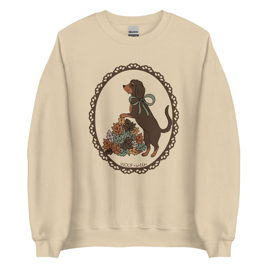 Dachshund sweatshirt in sand, Wire Hair Doxie in Fall Leaves print