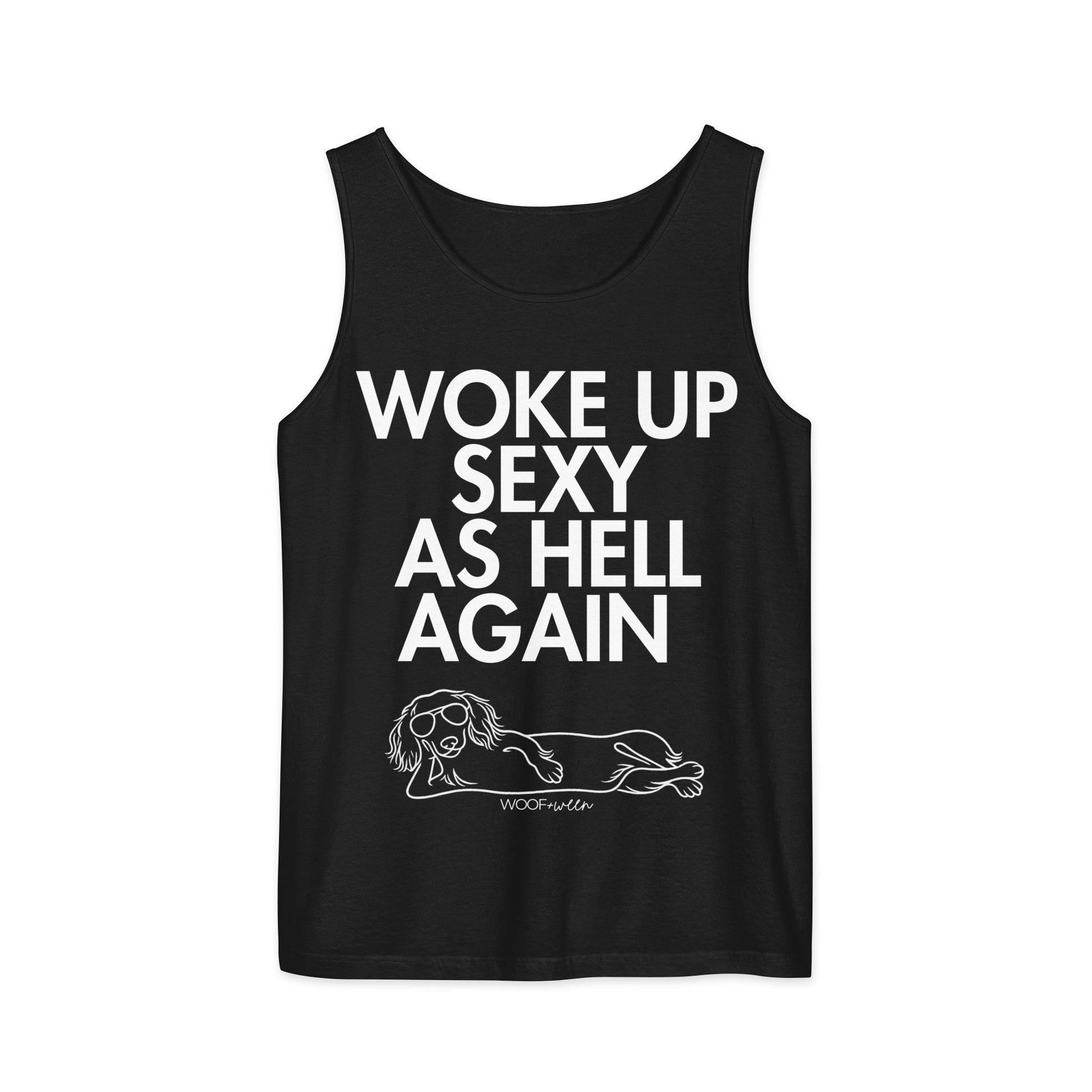 Black Woke Up Sexy As Hell dachshund tank top – long hair doxie tank, oversized swimsuit coverup