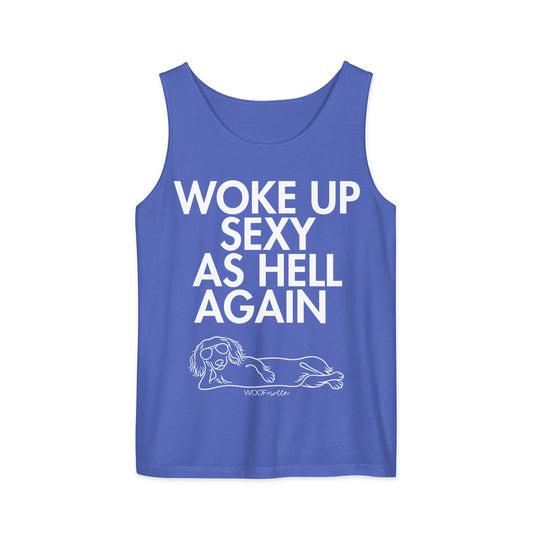 Flo Blue Woke Up Sexy As Hell dachshund tank top – long hair doxie tank, oversized swimsuit coverup