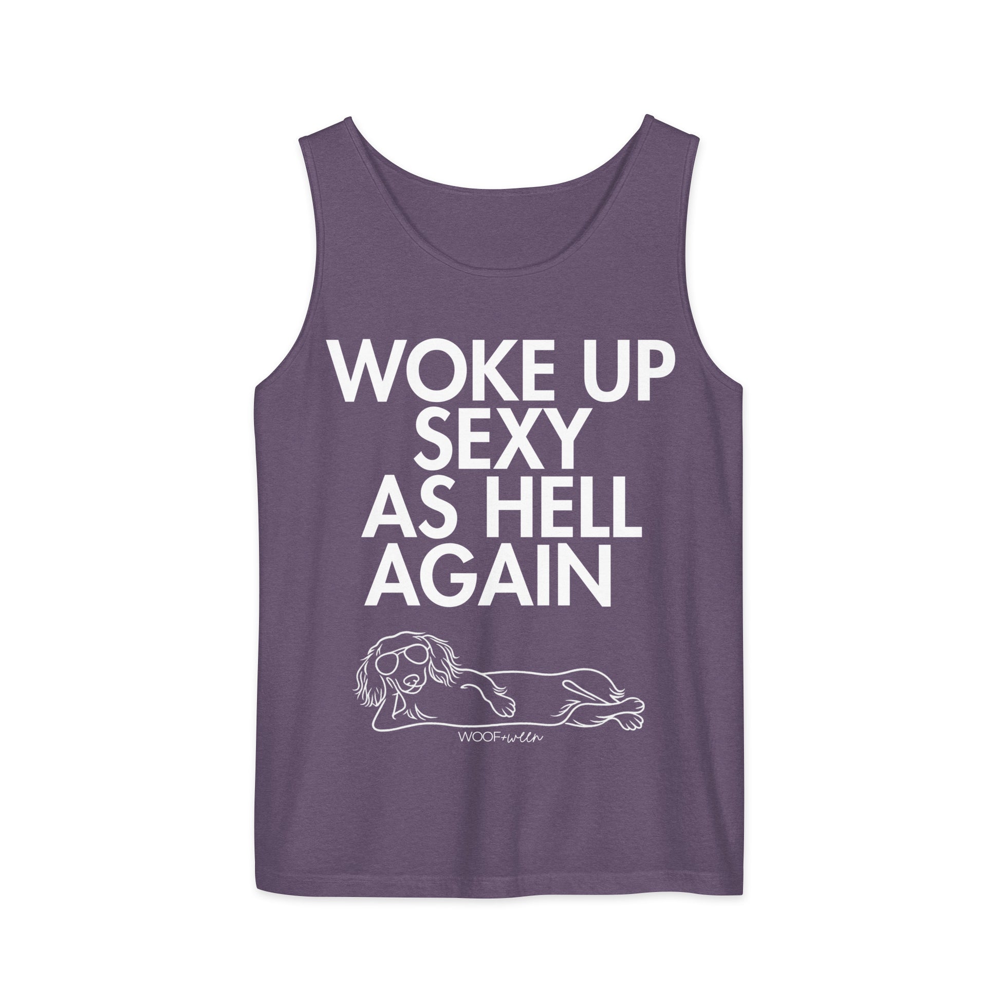Grape Woke Up Sexy As Hell dachshund tank top – long hair doxie tank, oversized swimsuit coverup