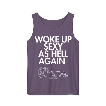 Grape Woke Up Sexy As Hell dachshund tank top – long hair doxie tank, oversized swimsuit coverup