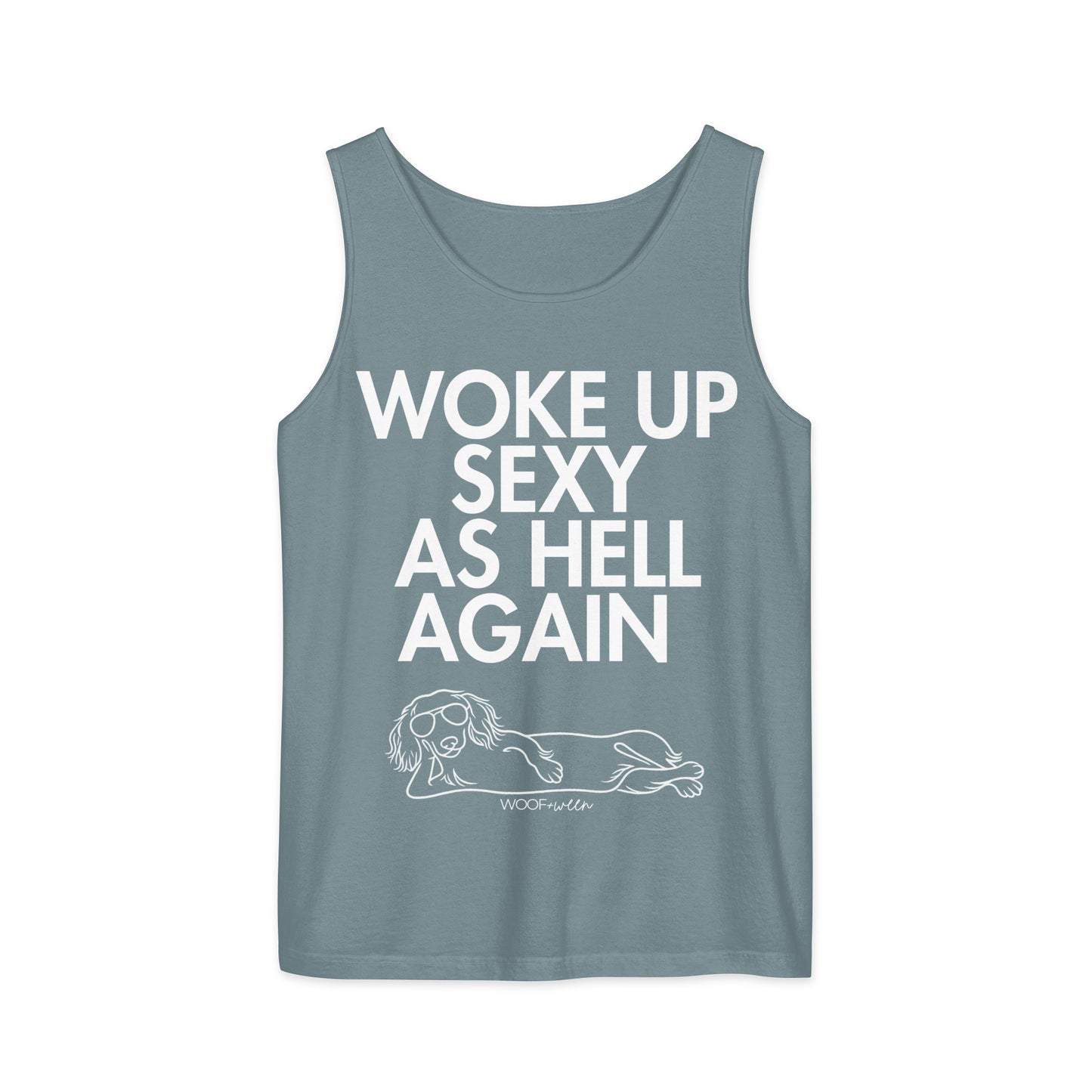 Ice Blue Woke Up Sexy As Hell dachshund tank top – long hair doxie tank, oversized swimsuit coverup