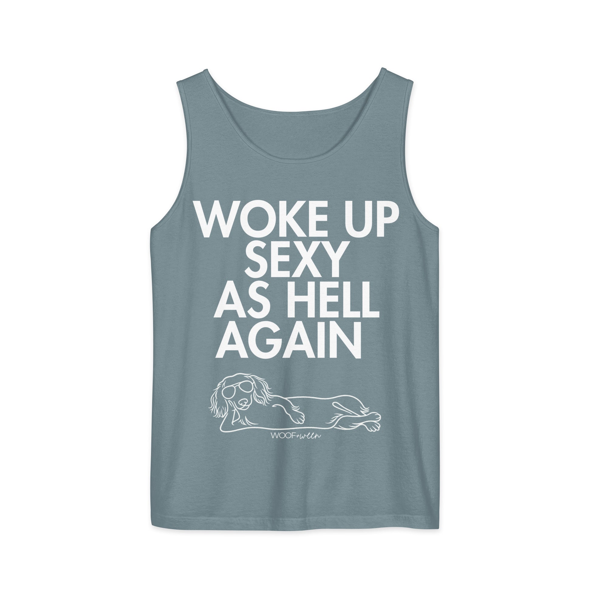 Ice Blue Woke Up Sexy As Hell dachshund tank top – long hair doxie tank, oversized swimsuit coverup