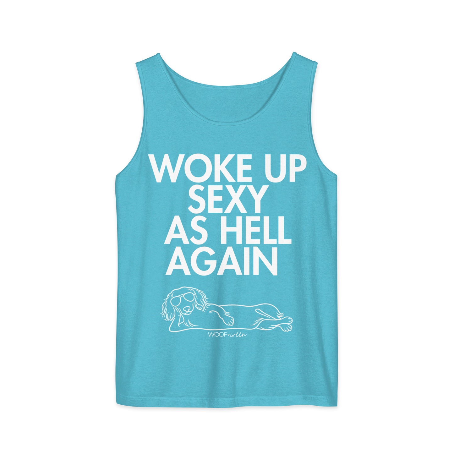 Sapphire Woke Up Sexy As Hell dachshund tank top – long hair doxie tank, oversized swimsuit coverup