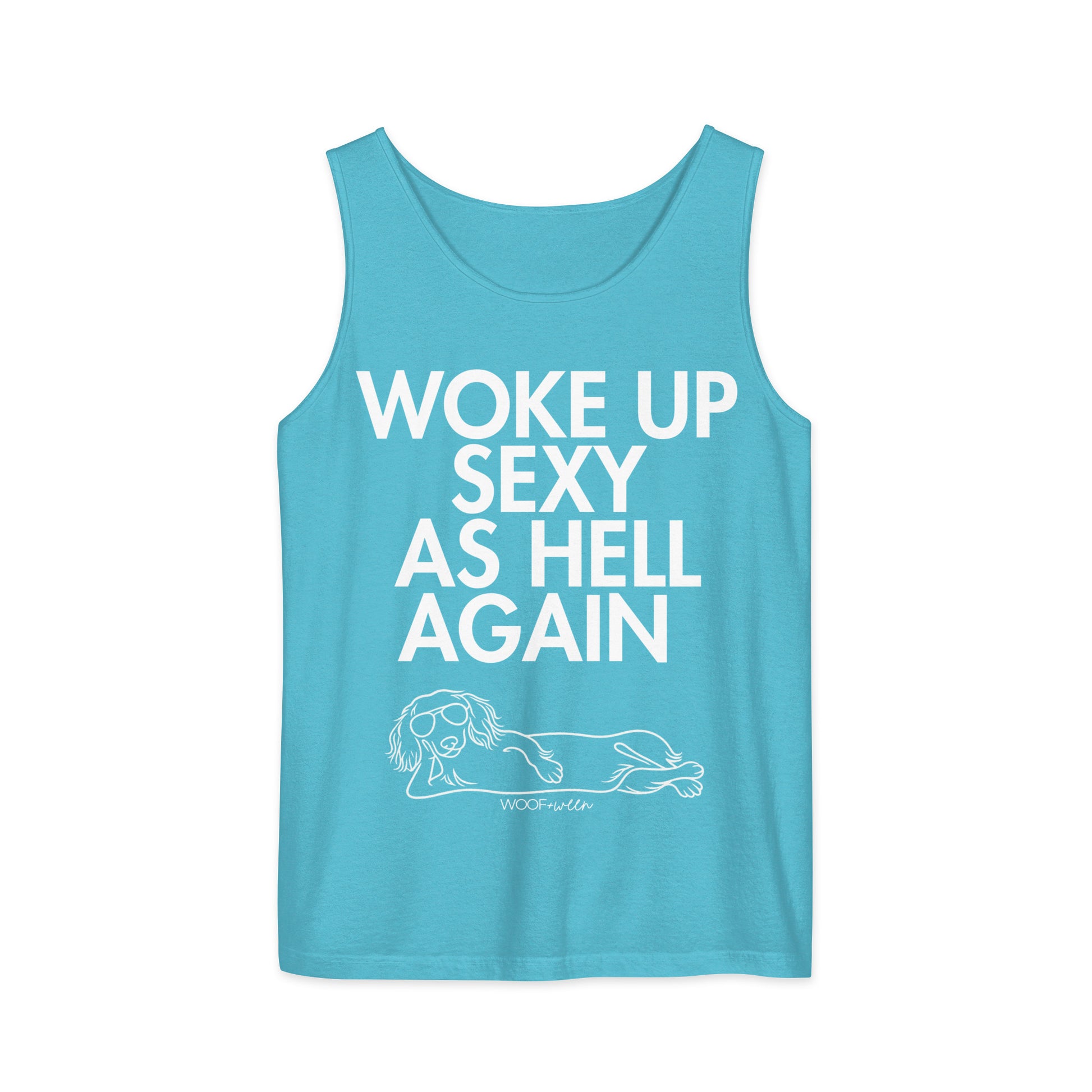 Sapphire Woke Up Sexy As Hell dachshund tank top – long hair doxie tank, oversized swimsuit coverup