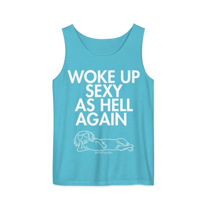 Sapphire Woke Up Sexy As Hell dachshund tank top – long hair doxie tank, oversized swimsuit coverup