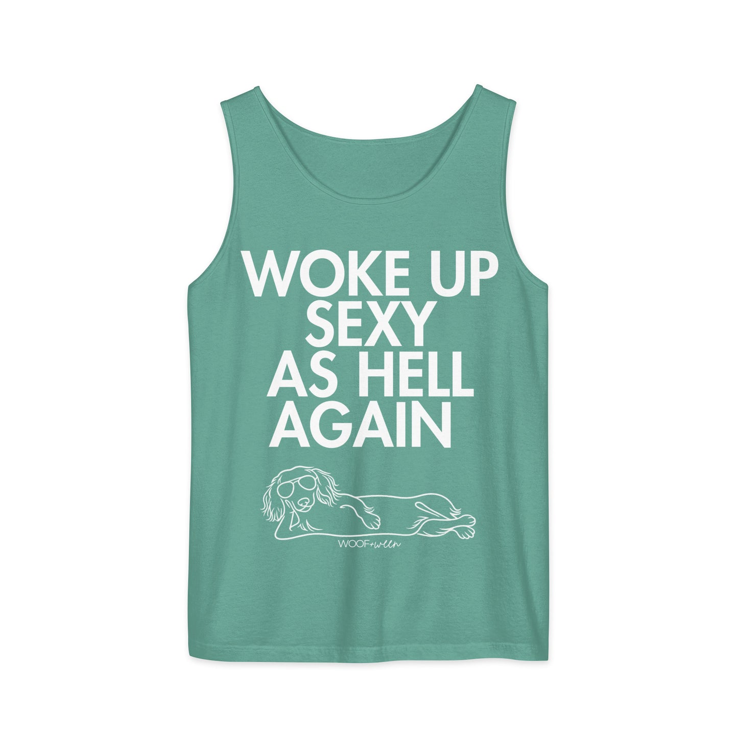 Seafoam Woke Up Sexy As Hell dachshund tank top – long hair doxie tank, oversized swimsuit coverup