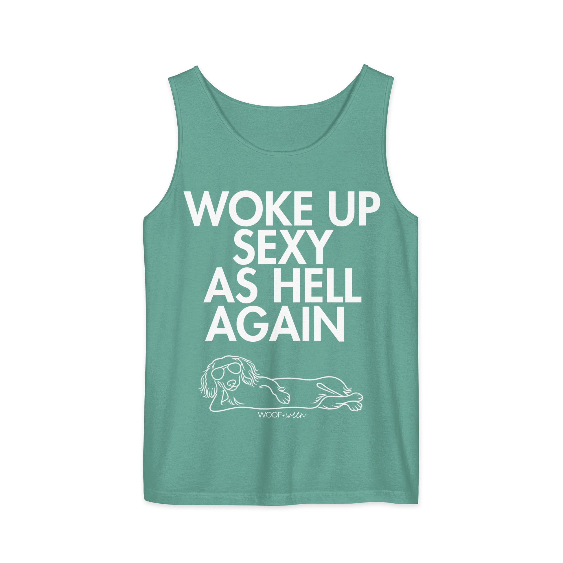 Seafoam Woke Up Sexy As Hell dachshund tank top – long hair doxie tank, oversized swimsuit coverup