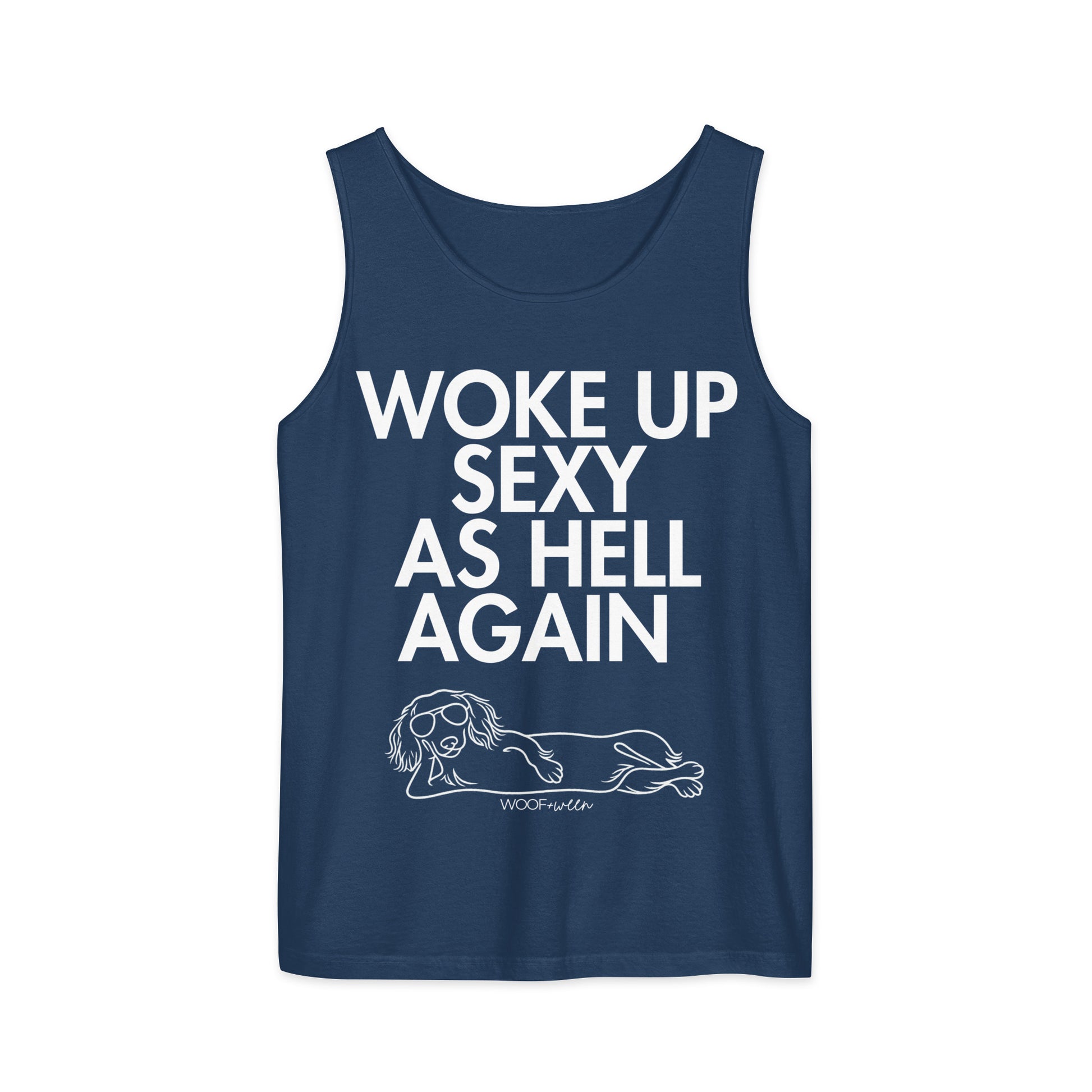 True Navy Woke Up Sexy As Hell dachshund tank top – long hair doxie tank, oversized swimsuit coverup