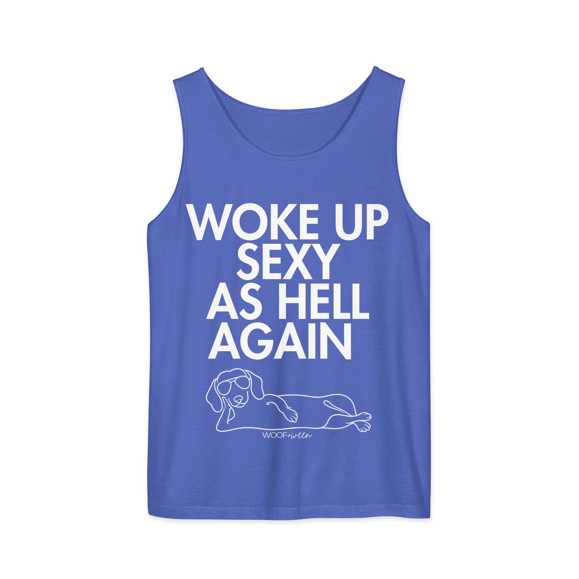 Flo Blue Woke Up Sexy As Hell dachshund tank top – short hair doxie tank, oversized swimsuit coverup