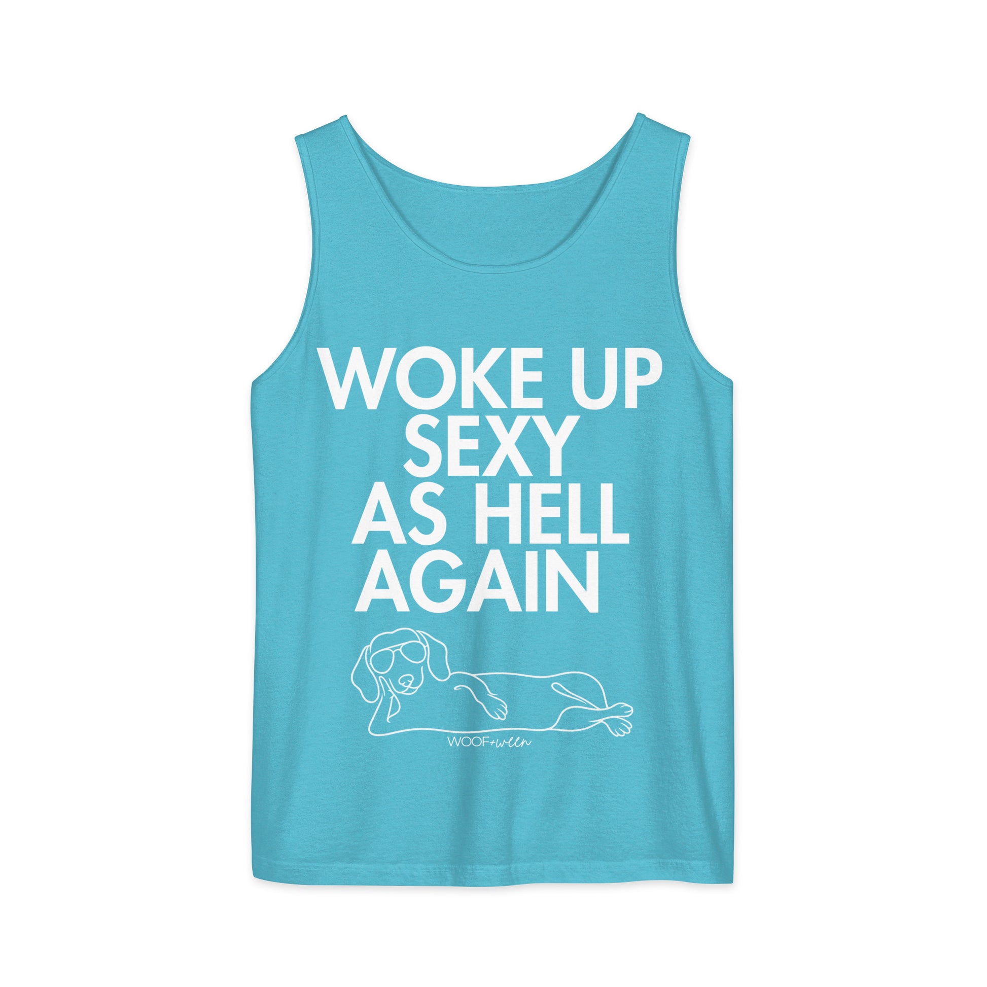 Sapphire Woke Up Sexy As Hell dachshund tank top – short hair doxie tank, oversized swimsuit coverup