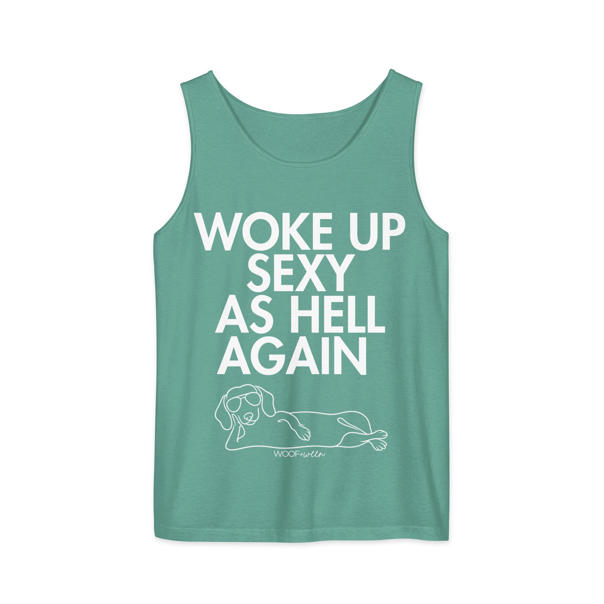 Seafoam Woke Up Sexy As Hell dachshund tank top – short hair doxie tank, oversized swimsuit coverup