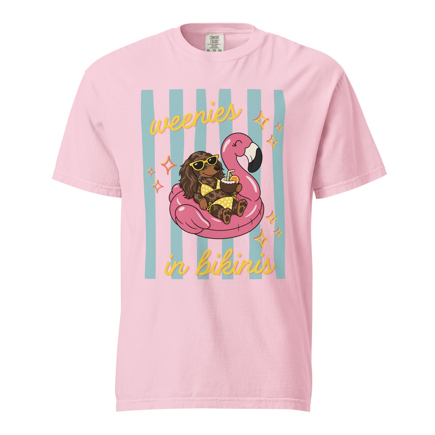 Dachshund Weenies in Bikinis shirt in blossom pink, funny doxie beach tee