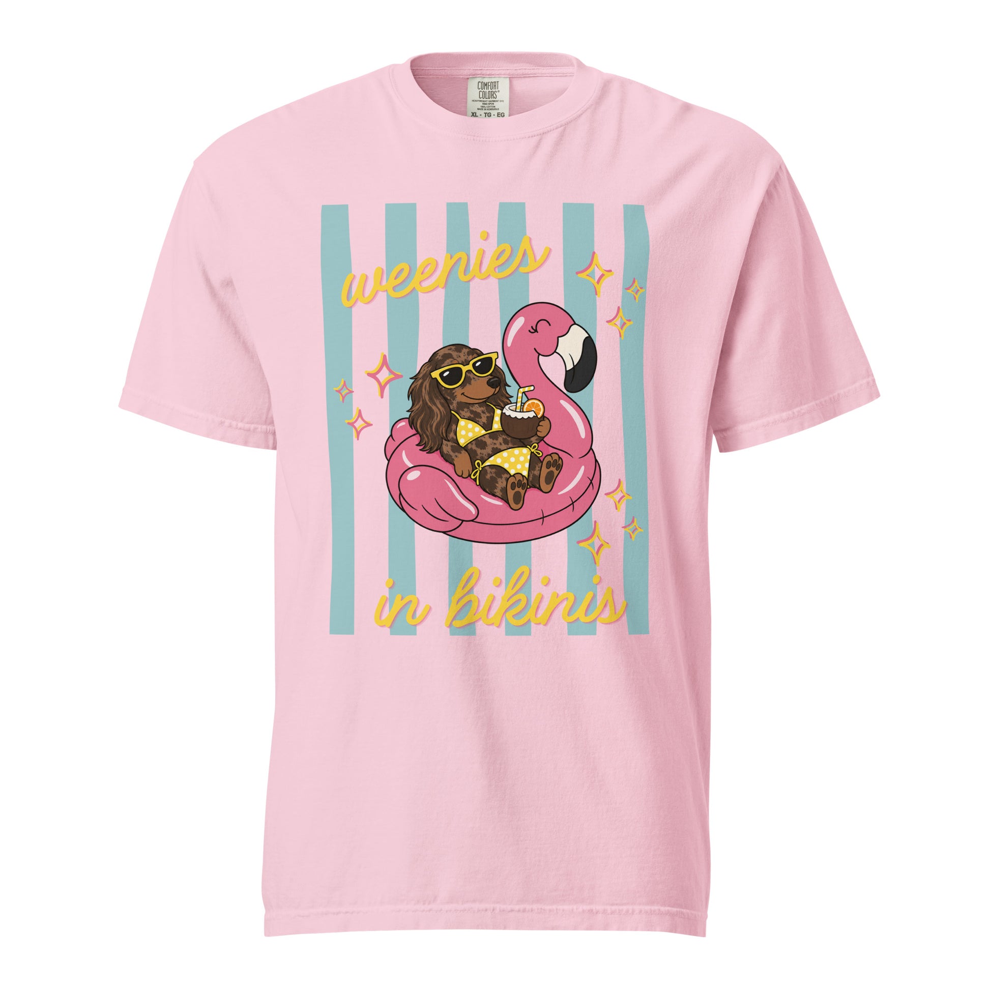 Dachshund Weenies in Bikinis shirt in blossom pink, funny doxie beach tee
